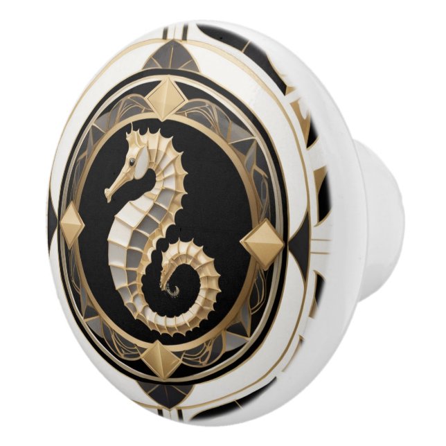 Art Deco Seepferd Schwarz-weiß und Goldenes Meer Keramikknauf (Rechts)