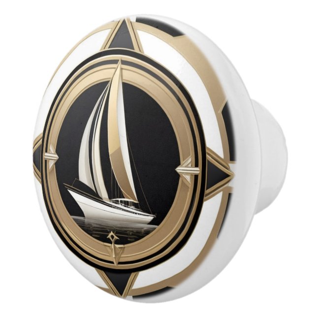 Art Deco Segelboot Schwarz-weiß Gold Nautic Keramikknauf (Rechts)