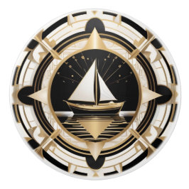 Art Deco Segelboot Schwarz-weiß und Gold nautisch Keramikknauf