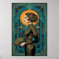 Art Deco Seitenprofil Tänzerin Gold Türkis Fächer