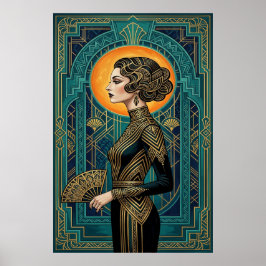 Art Deco Seitenprofil Tänzerin Gold Türkis Fächer Poster