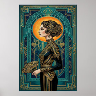 Art Deco Seitenprofil Tänzerin Gold Türkis Fächer  Poster