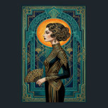 Art Deco Seitenprofil Tänzerin Gold Türkises Fäche Poster<br><div class="desc">Erfassen Sie die fließende Eleganz einer Kabarett-Performance der 1920er Jahre mit dieser atemberaubenden Art Deco-Silhouette. Eine grazile Tänzerin im Seitenprofil hält einen Fächer, vor einem strahlenden goldenen Sonnenstrahl und einer tief türkis getönten geometrischen Architektur. Die Komposition ist von aufwendigen Mustern gerahmt und macht dieses Bild zu einem perfekten Hingucker für...</div>