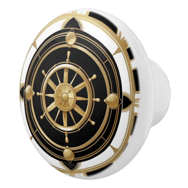 Art Deco Ship Wheel Schwarz-weiß Gold Nautical Keramikknauf (Rechts)
