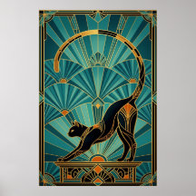 Art Deco sich streckende schwarze Katzenwandkunst