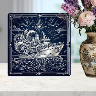 Art Deco Silber Boot Ozeanwellen Sternennacht Fliese