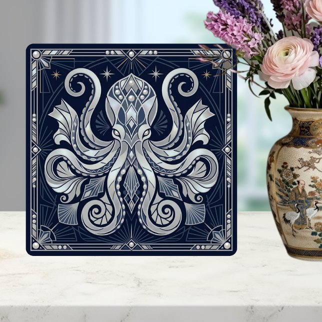Art Deco Silber-Oktopus-Mandala Kraken Fliese (Von Creator hochgeladen)