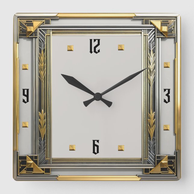 Art Deco Silber Quadratische Wanduhr (Vorderseite)