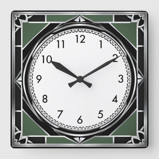 Art Deco Silber Quadratische Wanduhr (Vorderseite)