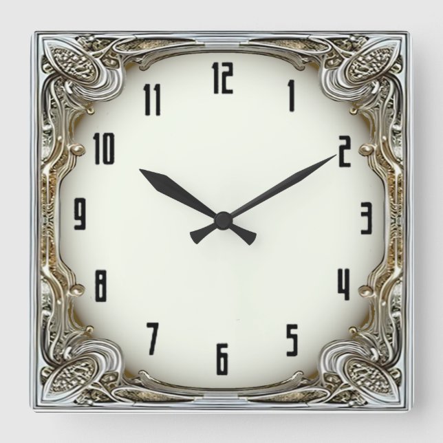 Art Deco Silber Quadratische Wanduhr (Vorderseite)