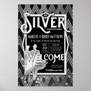 Art Deco Silver Wedding Anniversary Party Welcome Poster