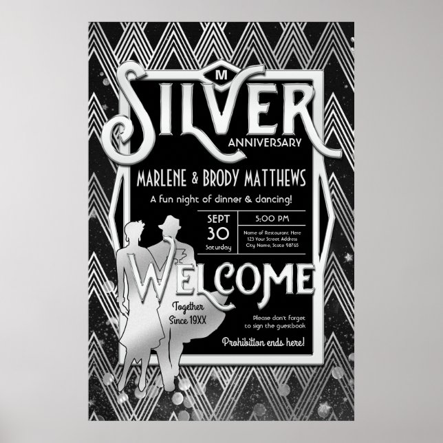 Art Deco Silver Wedding Jubiläum Party Willkommen Poster (Vorne)