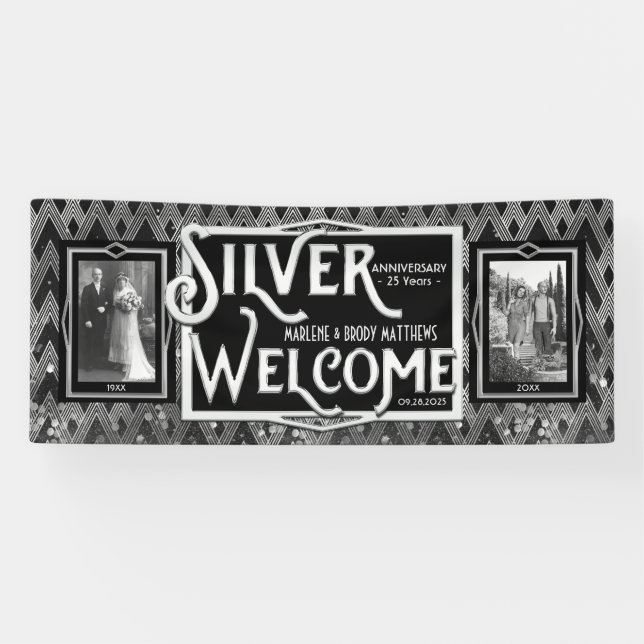 Art Deco Silver Wedding Jubiläum Willkommen Foto Banner (Horizontal)