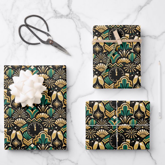 Art Deco Smaragd Silvester Muster Geschenkpapier Set (Vorderseite)