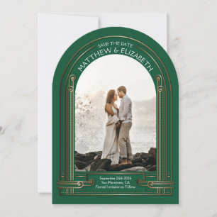 Art Deco Smaragdgrün Bronze Bogen Save-the-Date Einladung