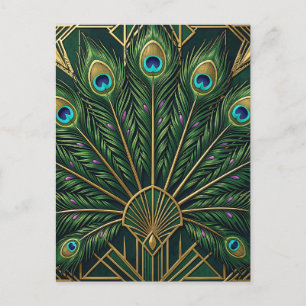 Art Deco Smaragdgrüne Gold-Pfauenfedern  Postkarte
