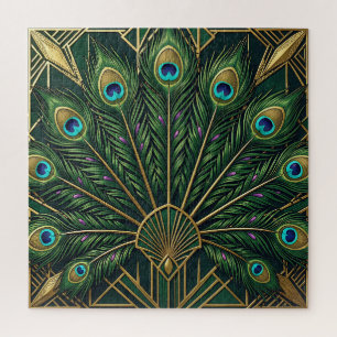 Art Deco Smaragdgrüne Gold-Pfauenfedern Puzzle