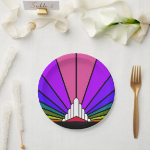 Art Deco Sonne im Regenbogen Papier Teller