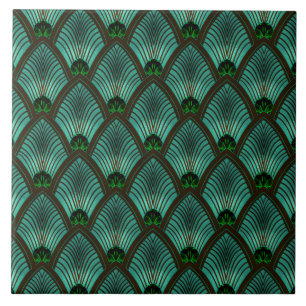 Art Deco Sonnenstrahl-Fächer in Metallischgrün Fliese
