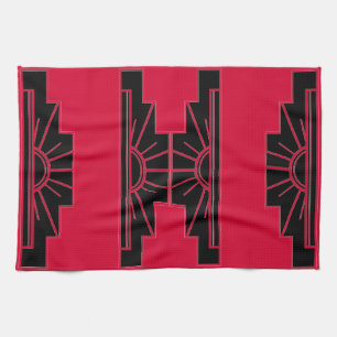 Art Deco Sonnenstrahl-Muster in Rot und Schwarz Geschirrtuch