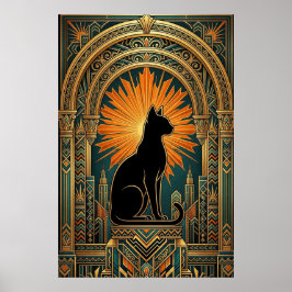 Art Deco Sonnenstrahl Schwarze Katze Wandkunst Poster