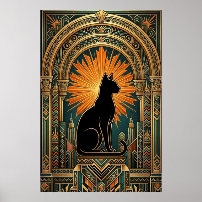Art Deco Sonnenstrahl Schwarze Katze Wandkunst Poster (Vorne)