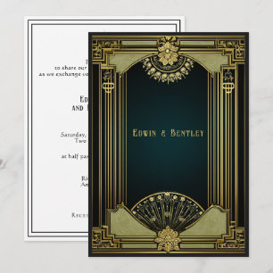 Art Deco Sophisticated Gold, Schwarz & Salbeigrün  Einladung