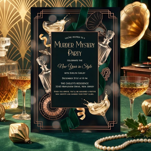 Art Deco Speakeasy Murder Mystery New Year Party Einladung (Speakeasy Murder Mystery New Year – Art Deco Black & Gold, Champagne, Personalized)