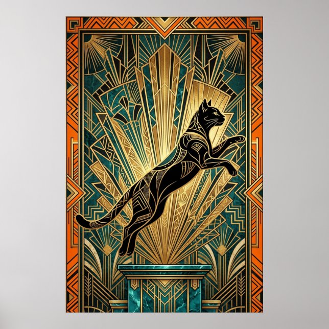 Art Deco springende schwarze Katzenwandkunst Poster (Vorne)