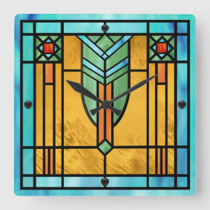 Art Deco Stained Glass 3 Square Wall Clock Quadratische Wanduhr