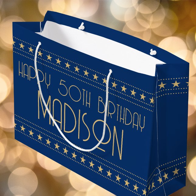 Art Deco Star Benutzerdefinierter Name Alter Blue  Große Geschenktüte (Von Creator hochgeladen)