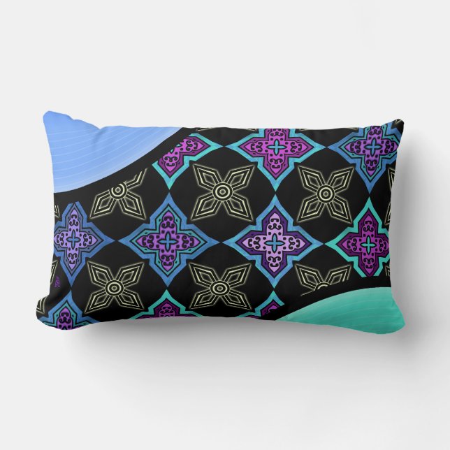 Art Deco Star Blume Aqua Violet Blue on Black Lendenkissen (Vorderseite)