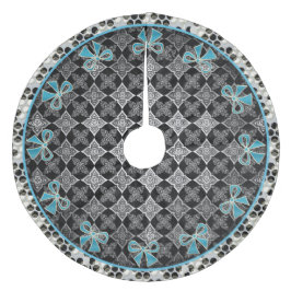 Art Deco Star Blume Schwarz - Weiß mit blauen Böge Fleece Weihnachtsbaumdecke