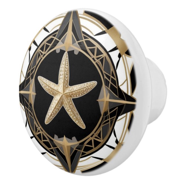 Art Deco Starfish Sea Star Schwarz-weiß und Gold Keramikknauf (Rechts)
