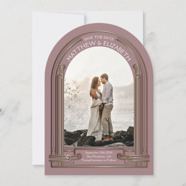 Art Deco Staubrose Bronze Bogen Save the Date Einladung (Vorderseite)