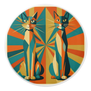Art Deco Sternenexplosion Katzen Orange und Türkis Keramikknauf