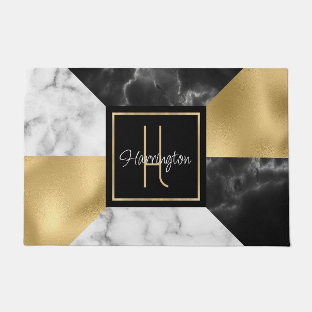 Art-Déco-Stil Marmor und Gold Mit Monogramm Fußmatte (Vorderseite)