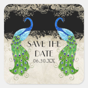 Art Deco Stil Pfau Schwarz Save the Date Siegel Quadratischer Aufkleber