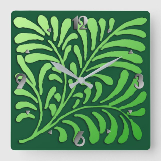 Art Deco Stilisierte Fern, Schatten von Grün Quadratische Wanduhr (Vorderseite)