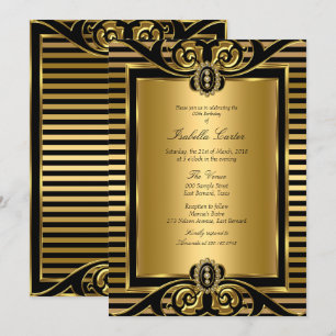 Art Deco Streifen Gold Schwarz Geburtstagsfeier 2 Einladung