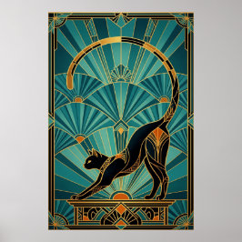 Art Deco Stretching Black Cat Wall Art Poster