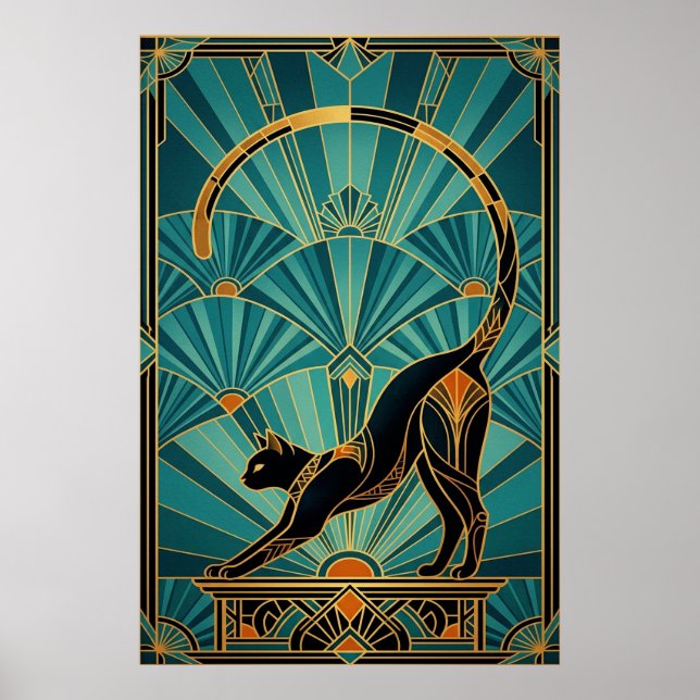 Art Deco Stretching Black Cat Wall Art Poster (Vorne)