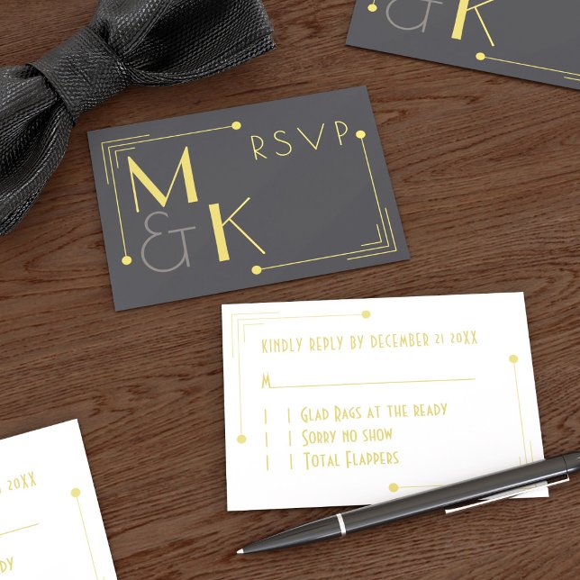 Art Deco Style 1920 Black Gold RSVP Cards Einladung (A 1920s vibe with the RSVP and perfect for your Gatsby Wedding. Just add your details)