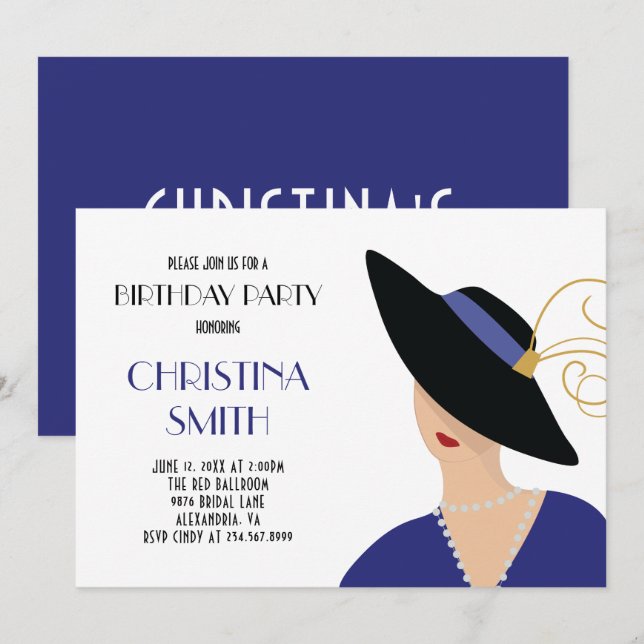 Art Deco Style Girl - Black Hat Birthday Party Einladung (Vorne/Hinten)