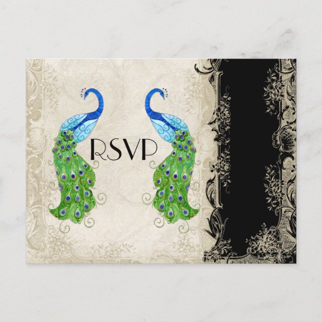 Art Deco Style Peacock Black n Creme Vintage Spitz Einladungspostkarte (Vorderseite)