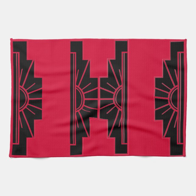 Art Deco Sunburgh Muster in Rot und Schwarz Geschirrtuch (Horizontal)