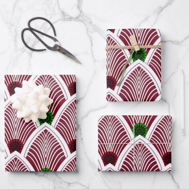 Art Deco Sunburst Fan Helle Holiday Rot Geschenkpapier Set (Vorderseite)