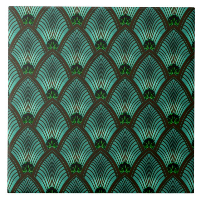 Art Deco Sunburst Fan in Metallic Green Fliese (Vorderseite)