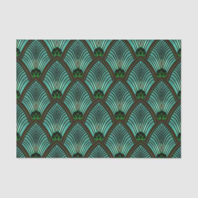 Art Deco Sunburst Fan in Metallic Green Seidenpapier (Vorderseite)