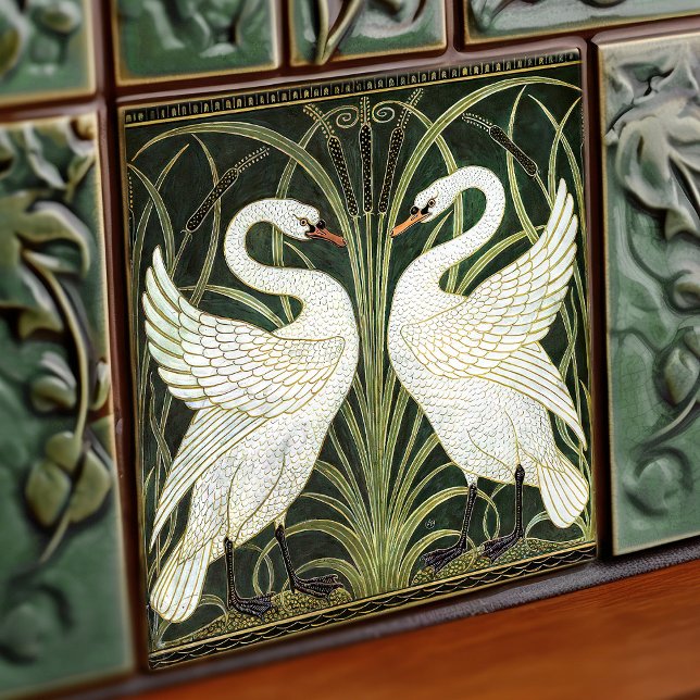 Art Deco Swans Wall Deco Art Nouveau Green Fliese (Von Creator hochgeladen)